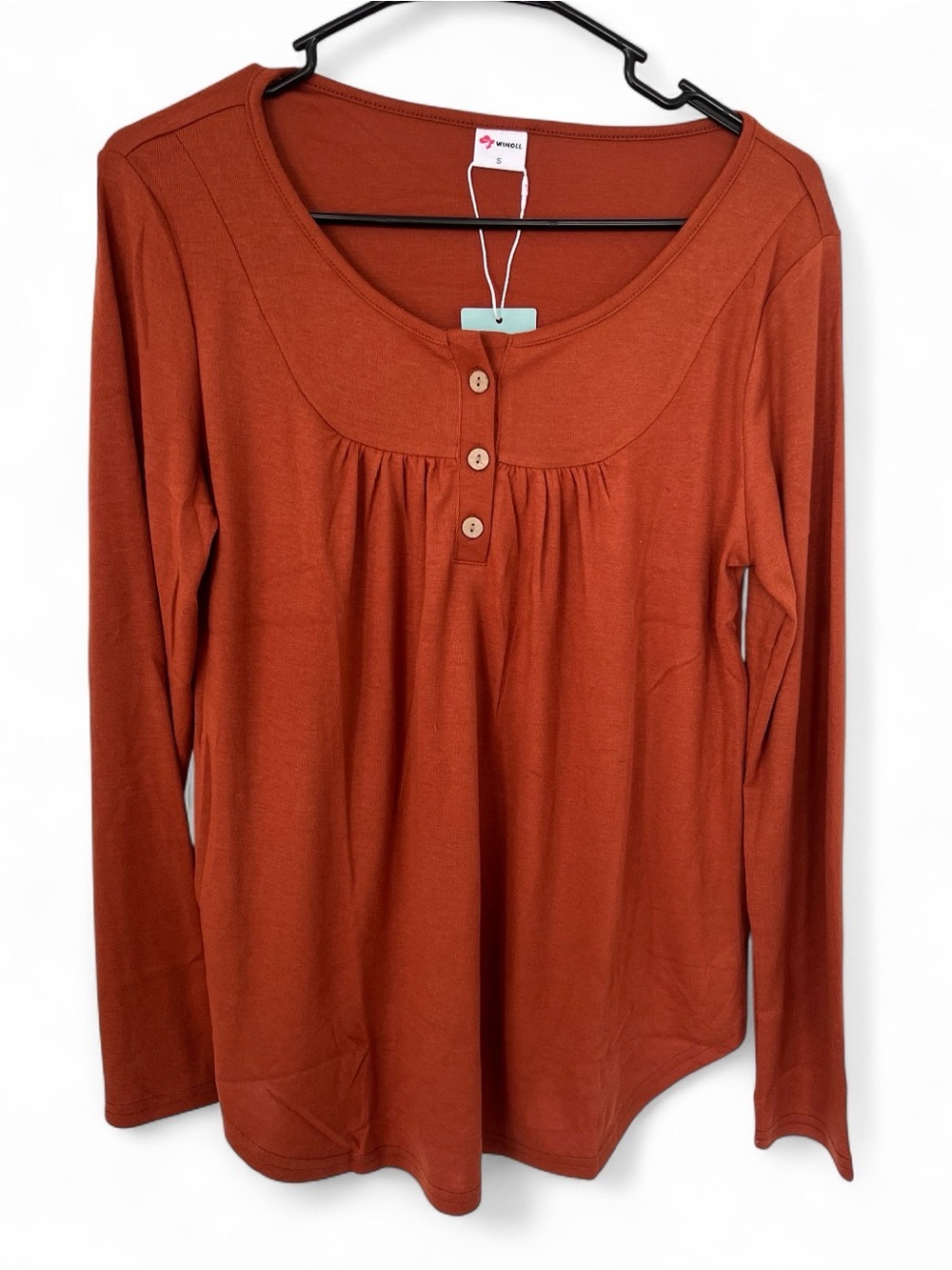 Womens Rust Long-Sleeve Scoop Neck Henley Top